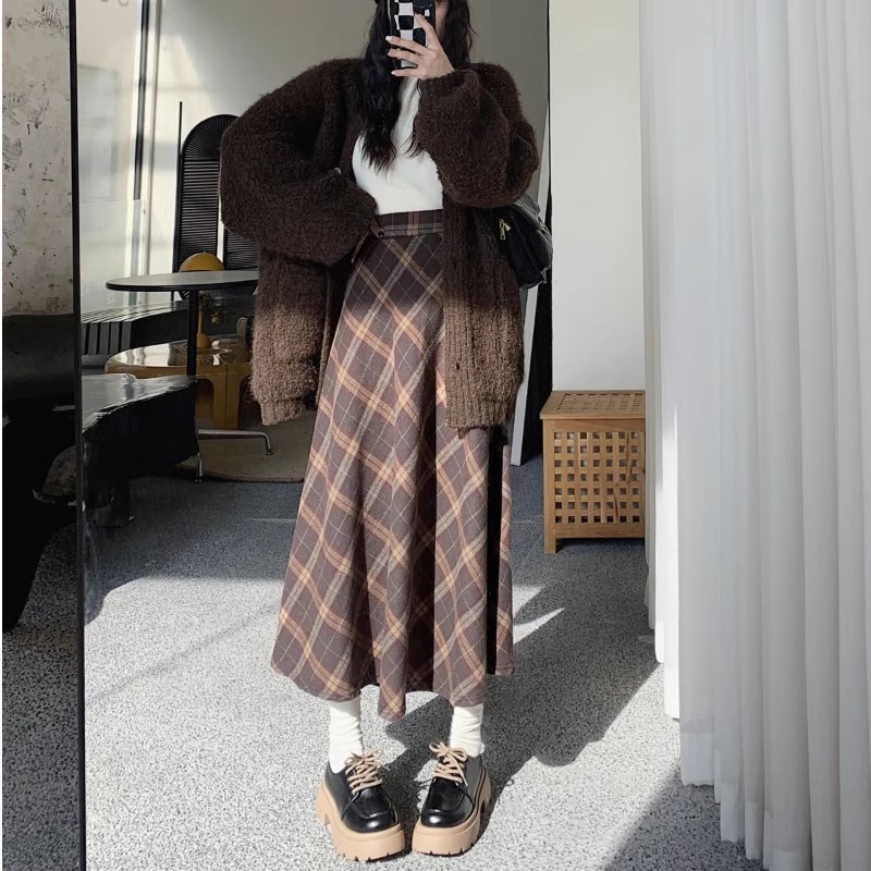 Woolen plaid skirt for women autumn and winter New loose retro British style mid-length high waist sheath A- line dress