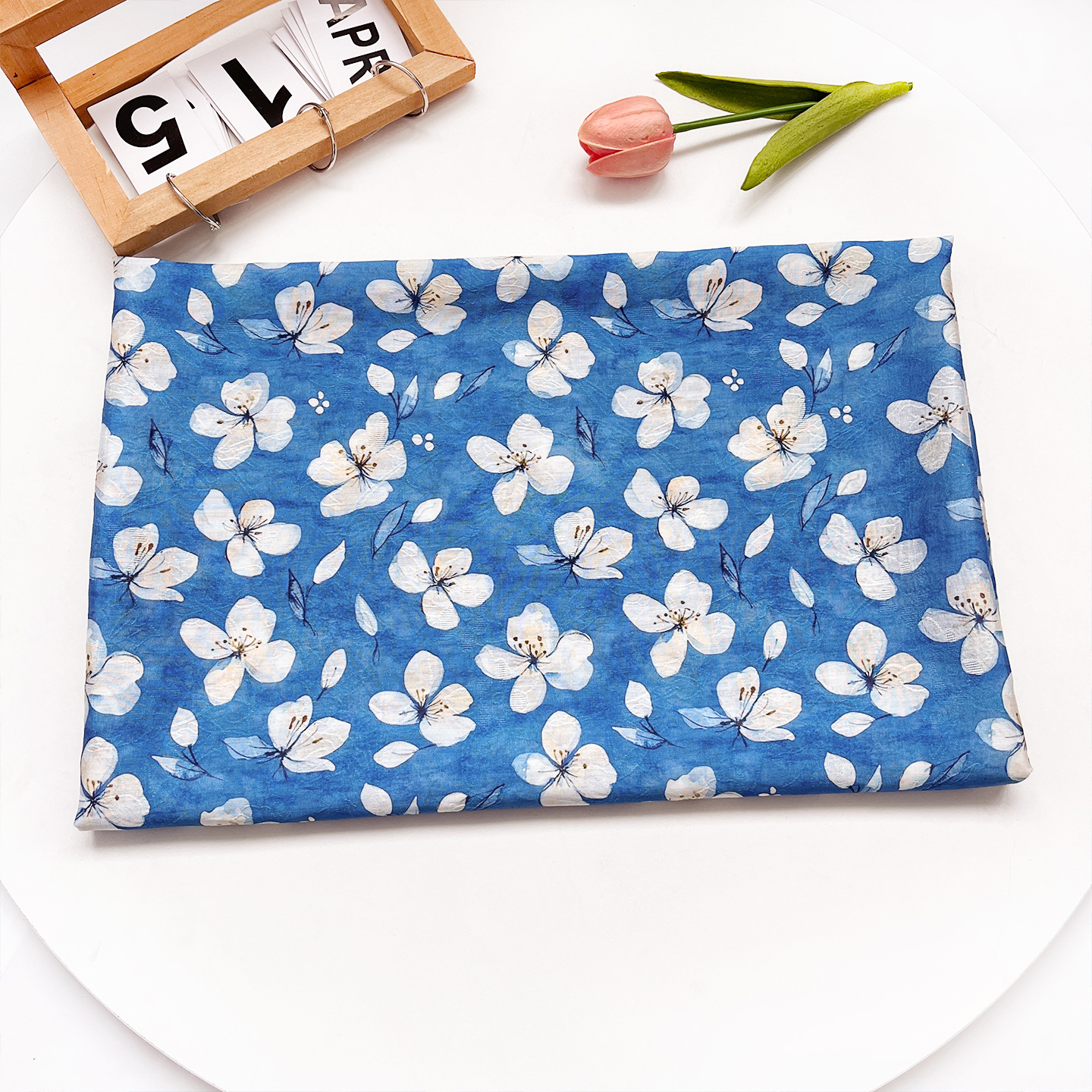 Picture of Tencel Jacquard Fabric with Blue Background and Pear Blossoms, 1.5m Width, New Chinese Style National Style Hanfu Cheongsam Dress Fabric