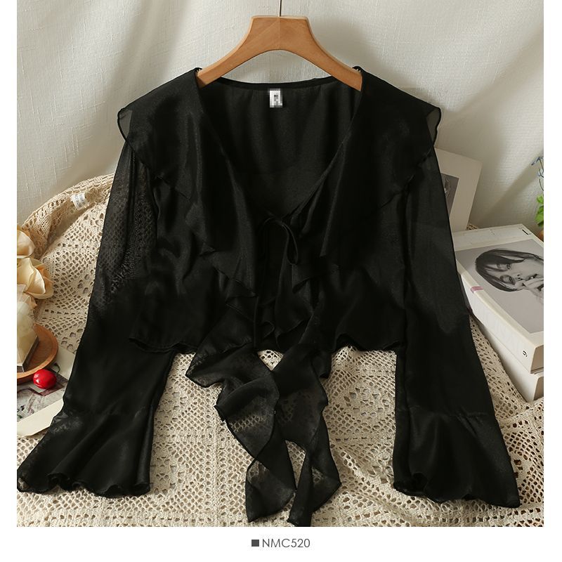 Picture of Sweet Ruffled Lace-up Short Chiffon Shirt for Women in Summer with Suspender Skirt and Shawl Small Outwear Sun Protection Blouse