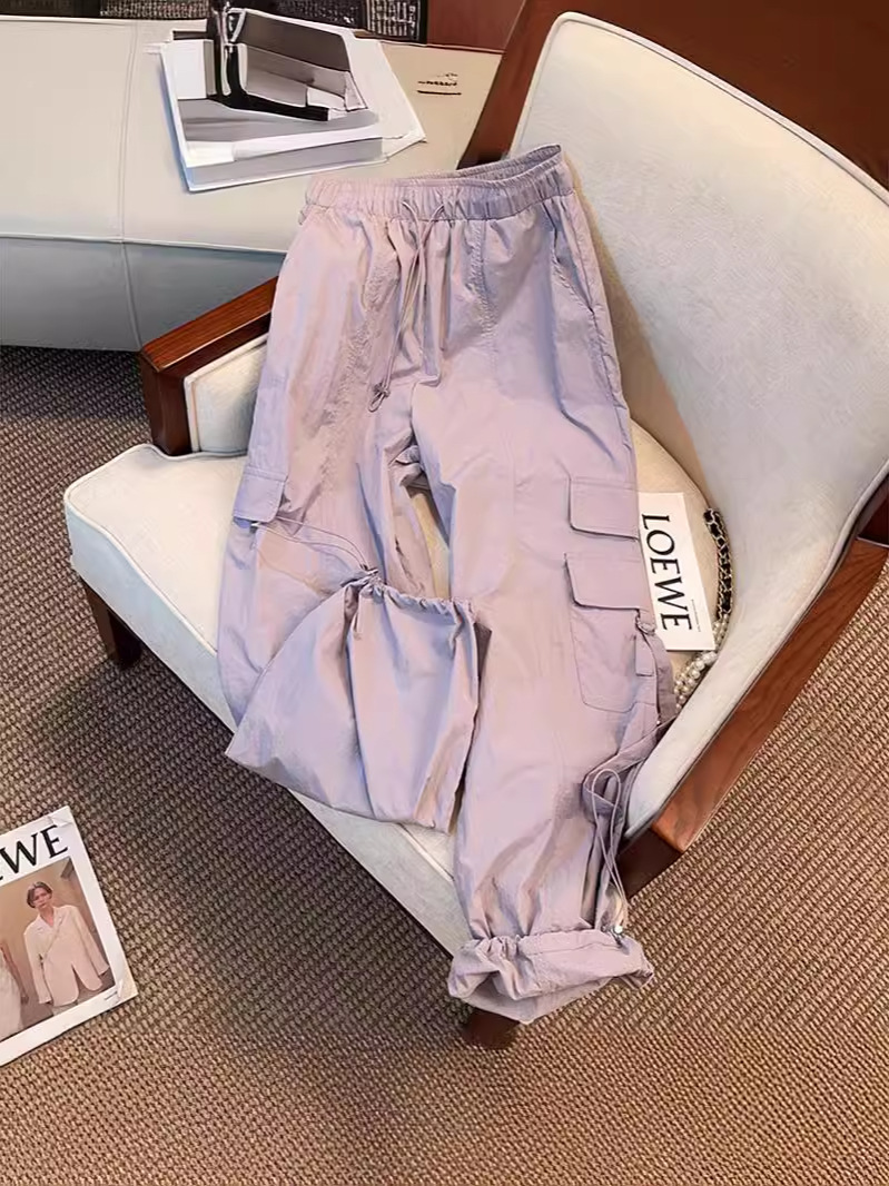 Purple Overalls Women's Summer High Waist Straight-Legged Wide-Leg Pants American Retro Drawstring Foot Functional Pants Dopamine Pants