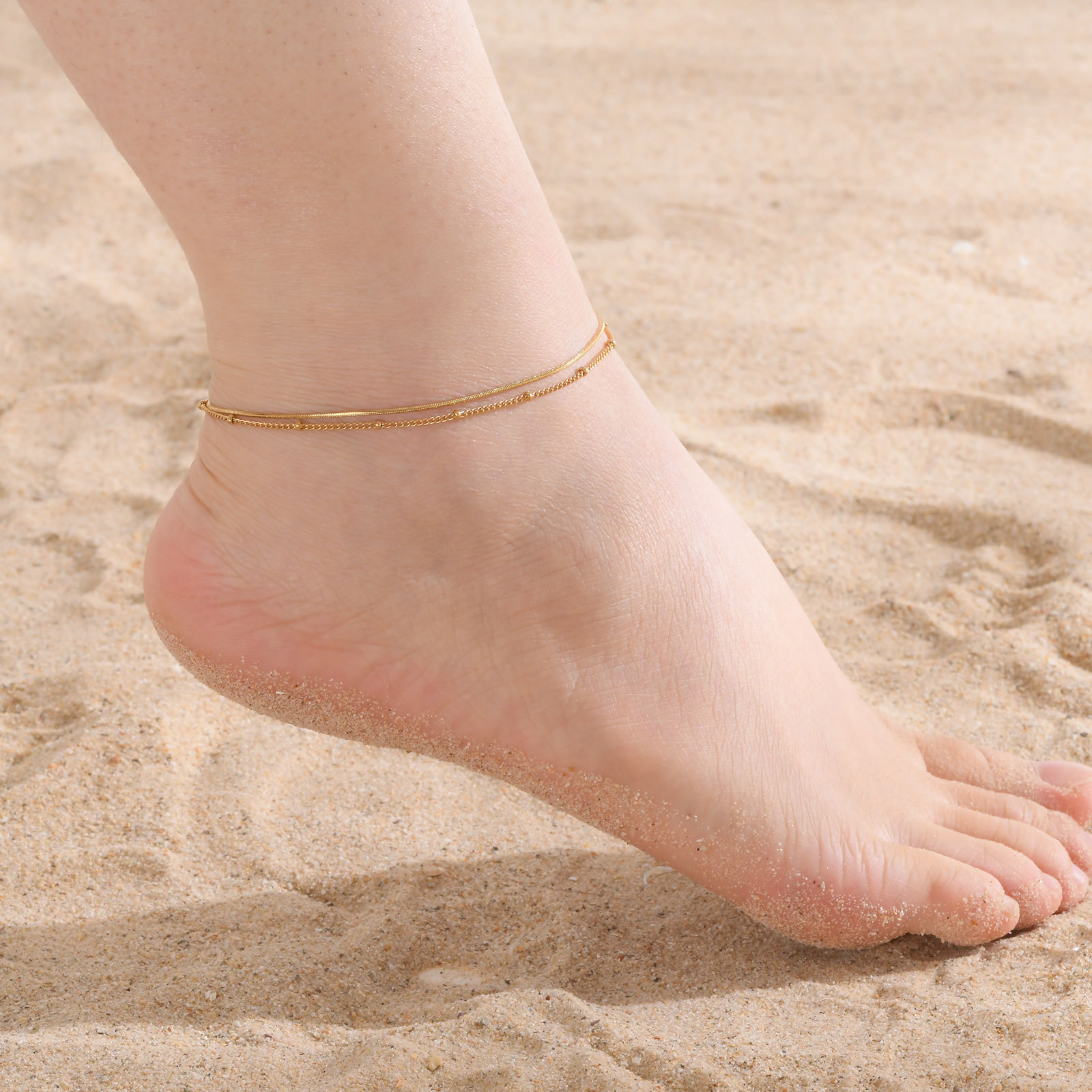 Foot ornaments wholesale stainless steel bead chain square snake chain double-layer anklet golden ins wind JC-151