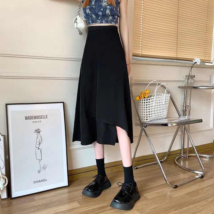 A- line Skirt Mid-length All-match New Arrival chubby girl Skirt Slimming Summer plus size High Waist Black Hip Skirt Polyester