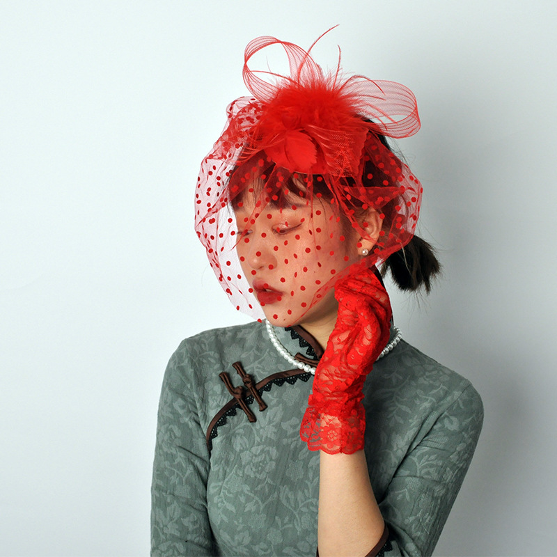 Picture of Retro dance party cheongsam dress accessories mesh hat gloves suit european and american socialite feather face covering hair accessories suit