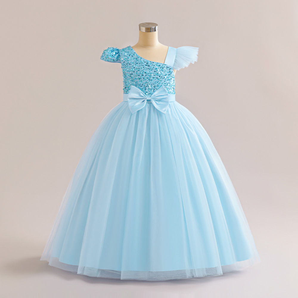 AliExpress Cross Border Children's Dress Girls' Bow Sequins Wedding Dress Girls' Holiday Piano Performance Dress