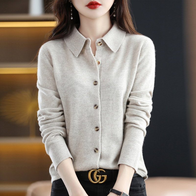 Spring and Autumn POLO Collar Shirt Women's Outerwear Loose Long-sleeved Sweater Non-cashmere Lapel Knitted Cardigan Top Jacket