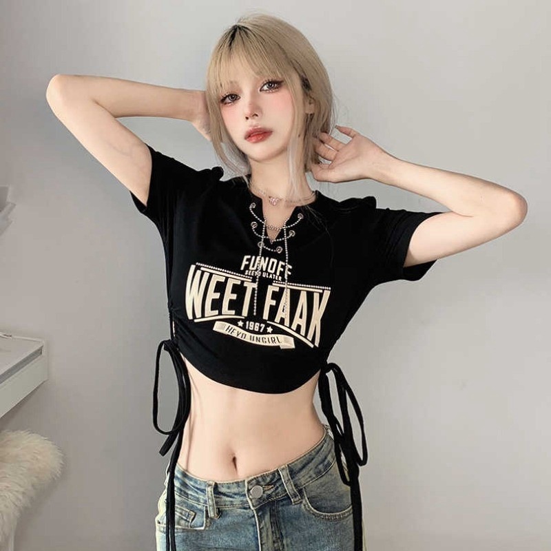 American Short-Sleeved Printed T-Shirt for Women in Summer with Design Chain V Neck Sexy Drawstring Waist Short Navel-Baring Top Trendy