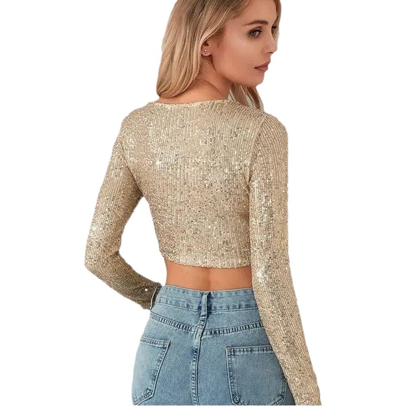 2023 New Autum Cross-Border Fashion Sequined T-Shirt Sexy Sexy Sequined Pure Color Slim Crop Top