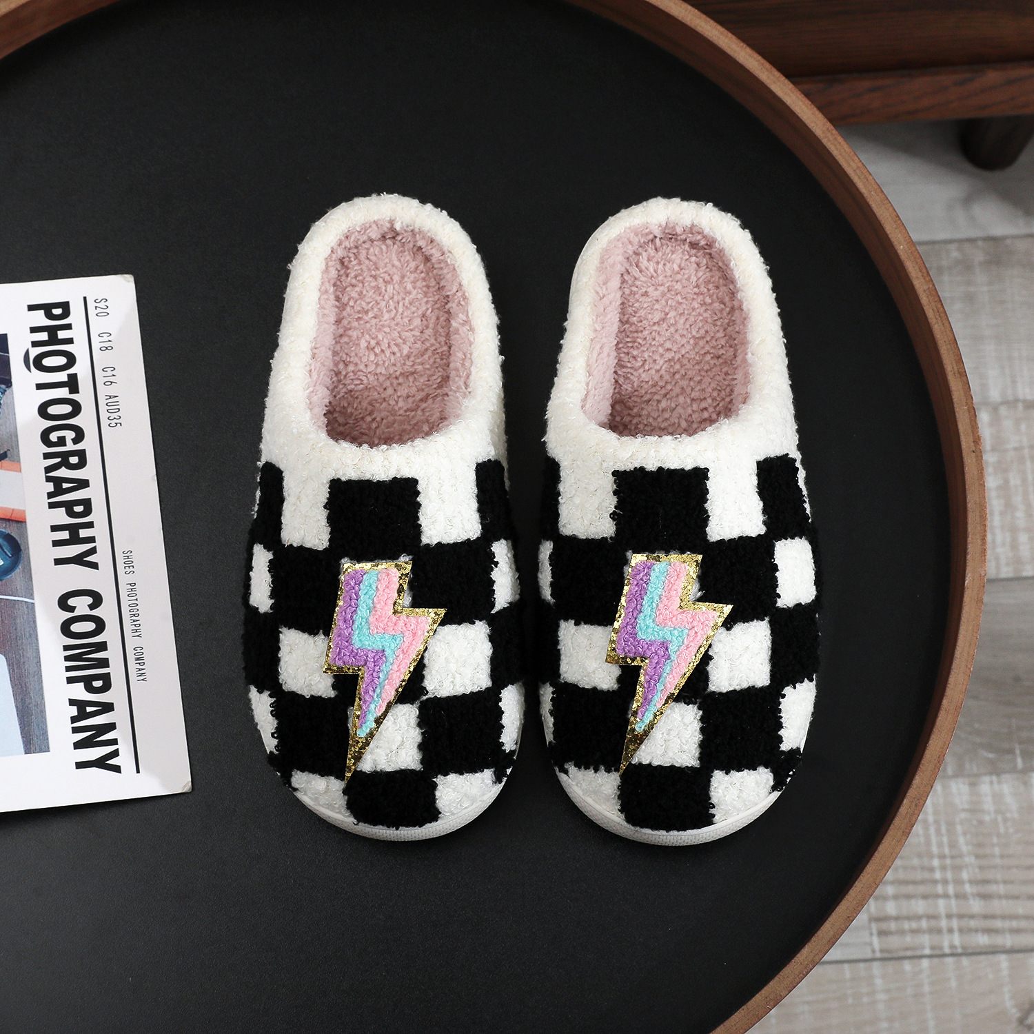 Valentine's Day Rainbow Chessboard Plaid Lightning Cotton Slippers Women's Indoor Winter Embroidered Wool Slippers Cross-border in stock Hair