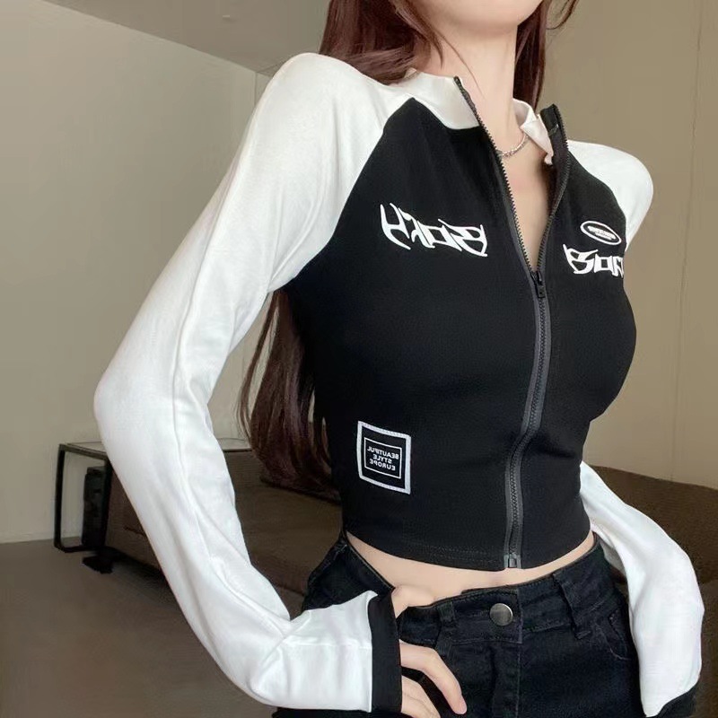 One-piece delivery Amazon cross-border slim-fit pure sexy design zipper hot girl short cardigan top for women
