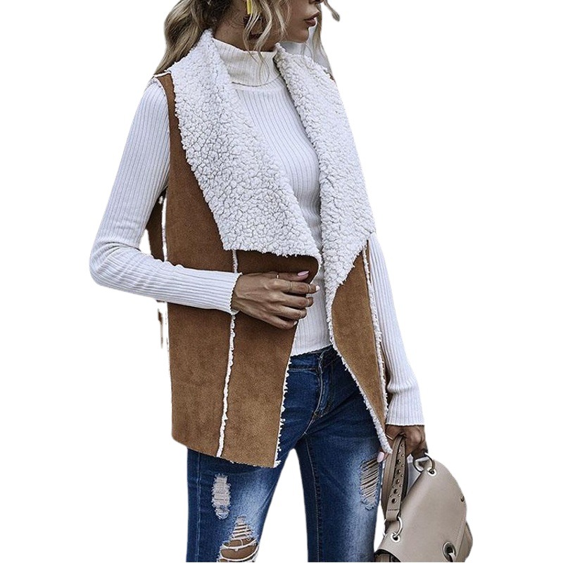 2022 European and American Foreign Trade Women's New Sleeveless Simple Front and Back Wear Large Lapel Vest Jacket Suede Vest