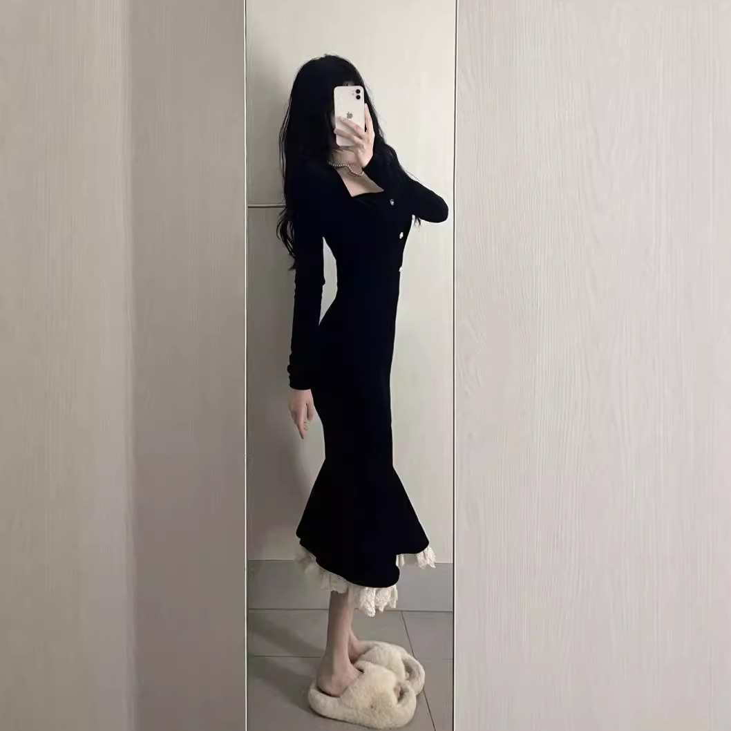 French Square Collar Black Fishtail dress Women's Winter Vintage Gentle Slim-Fit Velvet Hip Skirt Elegant Long Skirt