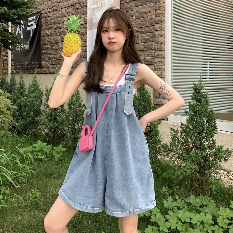 Picture of Salt-Style Denim Overalls Shorts for Petite Women, Summer 2025 New Design, Niche Korean Style, Loose Wide-Leg Pants