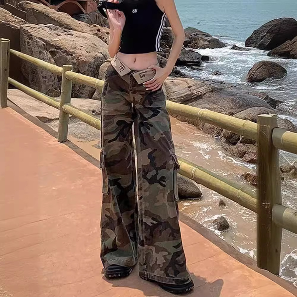 American Style Retro Camouflage Overalls Women's 2024 Summer New Low Waist Tall Loose Pendant Wide Leg Jeans