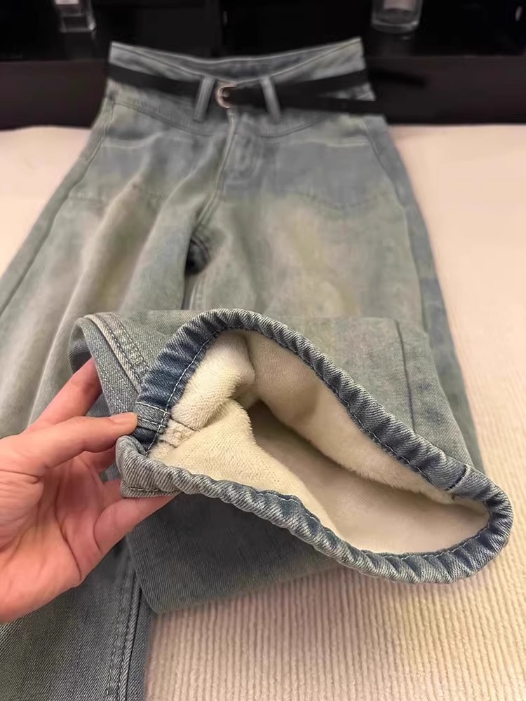 Old fleece-lined Jeans Women's Autumn and Winter 2024 New High Waist Dosing Slimming Straight Leg Wide Leg Pants