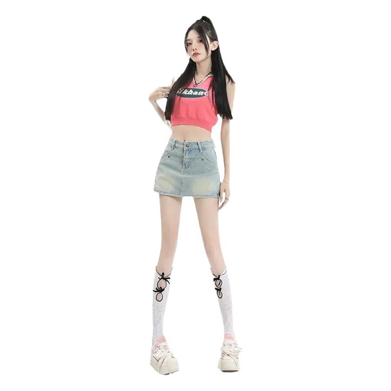 High waist slim denim miniskirt women's skirt 2024 new summer hip A- line hot girl short skirt pants