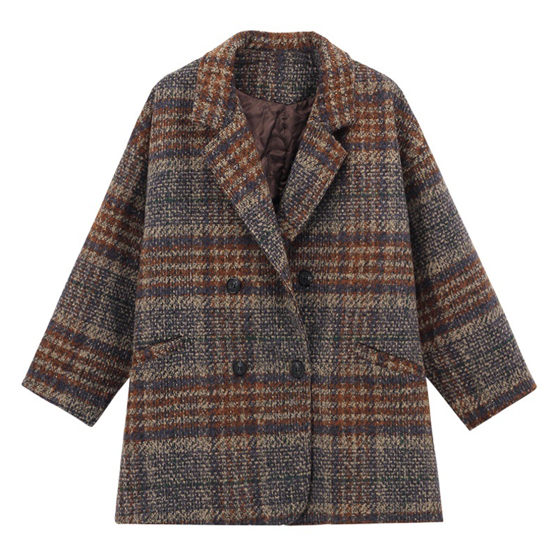 brown suit coat women's 2025 autumn and winter new popular small plaid tweed long woolen coat