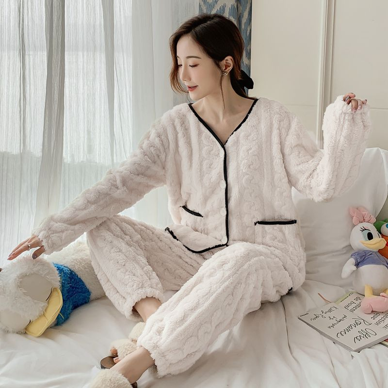 Autumn and Winter Pajamas Women's fleece-lined Thickened Flannel suit Jacquard Solid Color Sweet Simple Warm Home Clothes Casual