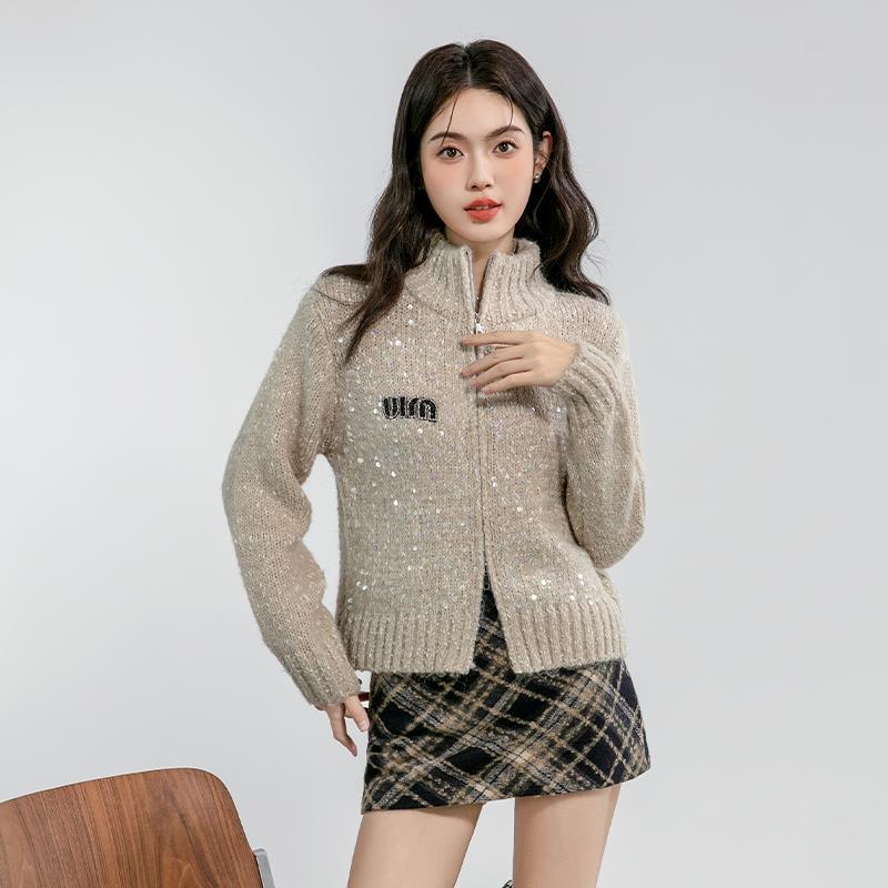 Sequin Zipper Knitted Cardigan Sweater for Women 2025 Autumn and Winter New Stand-Up Collar Short Casual Jacket Long-Sleeved Top