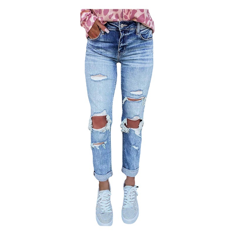 2021 Amazon wish cross-border independent station new women's skinny Denim ripped jeans