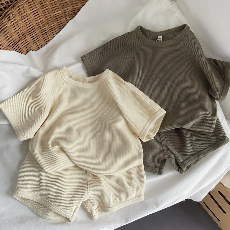 Korean-style high quality South Korea Boys and Girls Short-sleeve suit Waffle Baby Home All-match Outer Wear Two-piece Suit