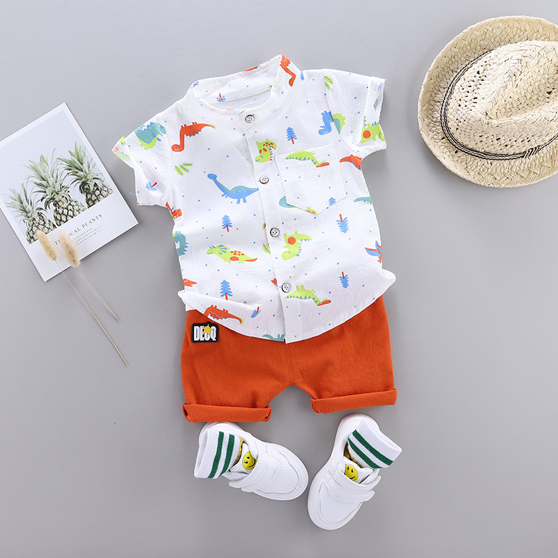 New Children's Fashion Western Style Short-sleeved suit Trade Trendy Summer Boys Full Print Dinosaur Shirt Short-sleeved suit