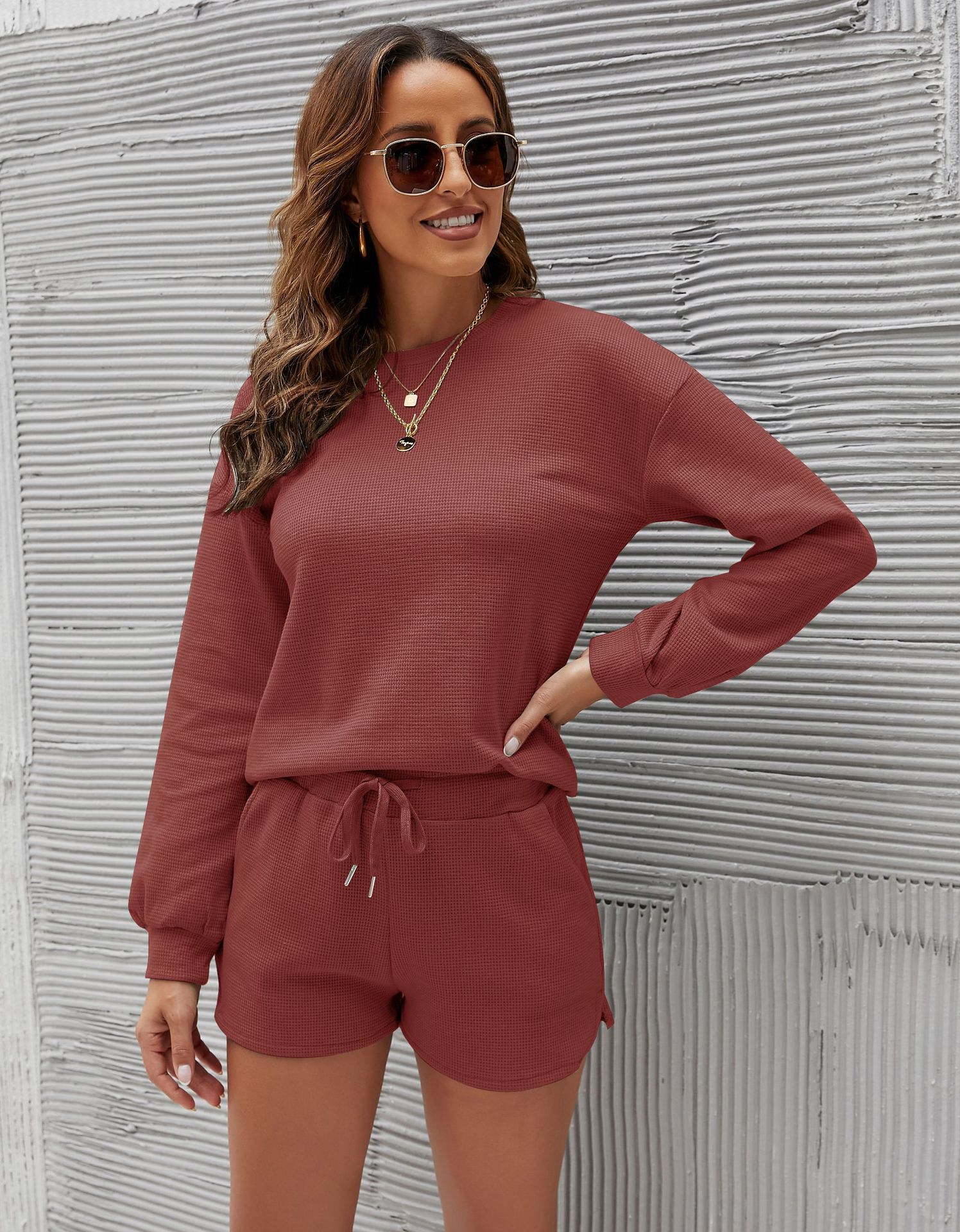 Picture of Cross-Border European and American Export Women's Clothing 2025 New Amazon Long-Sleeved Shorts Home Wear Waffle Two-Piece Suit