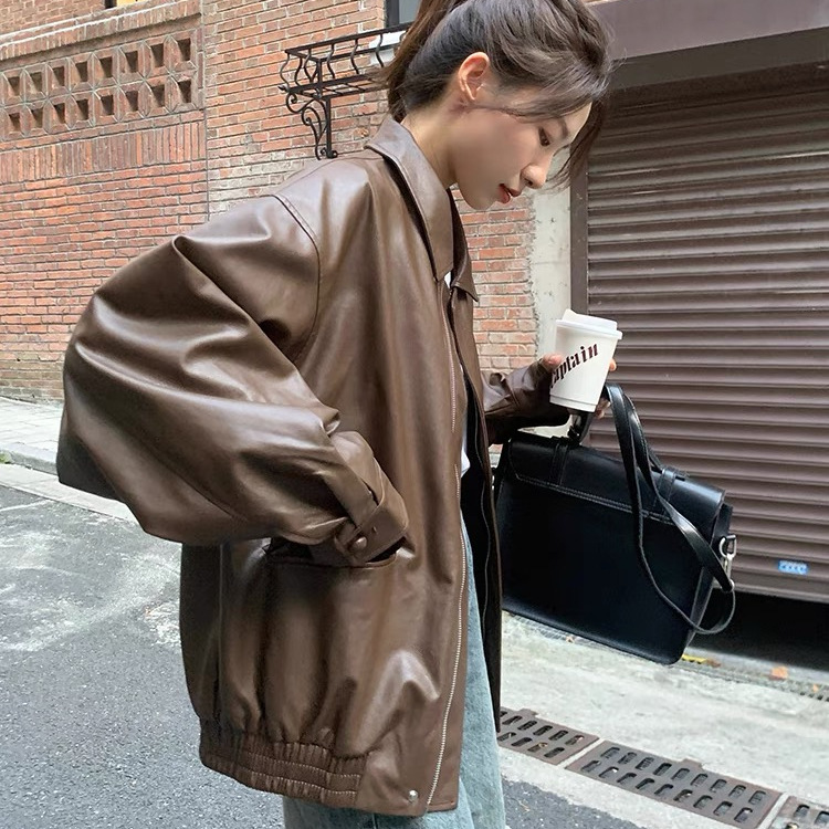 Picture of Brown Imitation Leather Jacket Women's Hong Kong Style 2024 New Autumn Loose American Style Retro Motorcycle Jacket Top