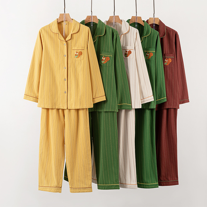 Autumn and Winter Four-Color Stripesd Pure Cotton Brushed Double-Strand Velvet Pajamas Set for Men and Women, Home Wear Set Wholesale