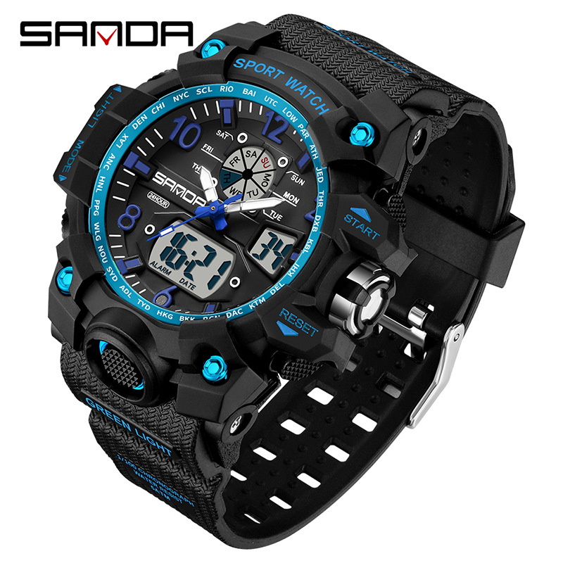 Sanda Cross-border Fashion Electronic Men's Watch Waterproof Luminous Alarm Clock Multifunctional Sports Watch Men's in stock Direct Supply