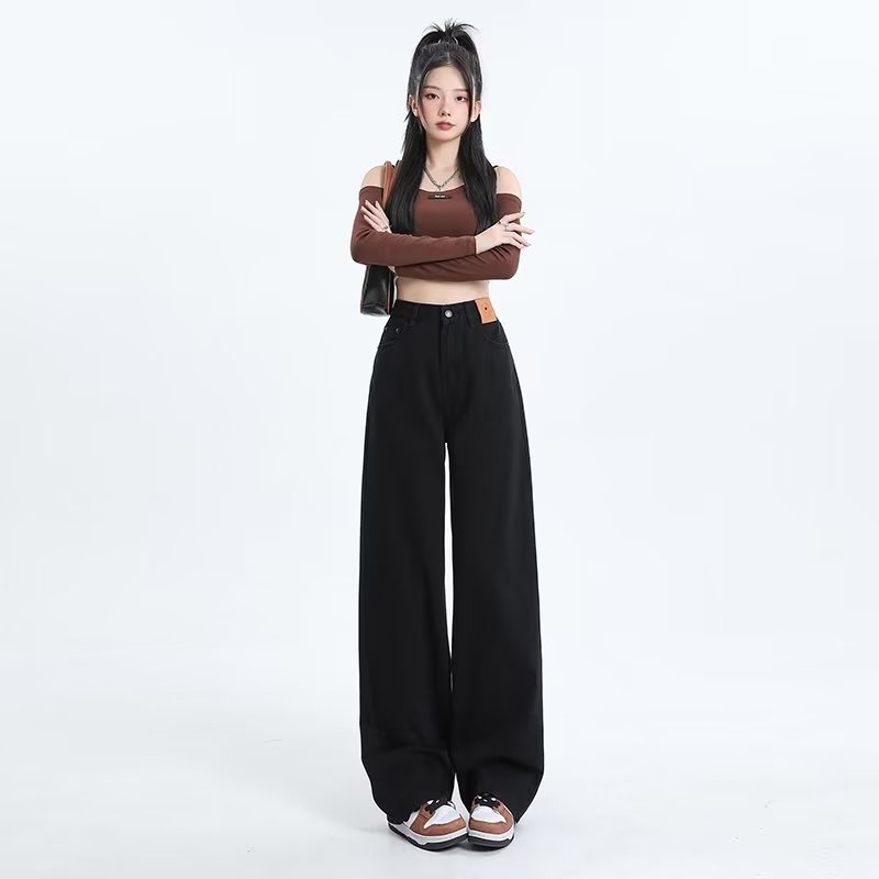 American-style Black 2024 Spring and Autumn Straight All-match Jeans Women's Slim-fit Loose High Waist Design Sense Mop Pants High Street