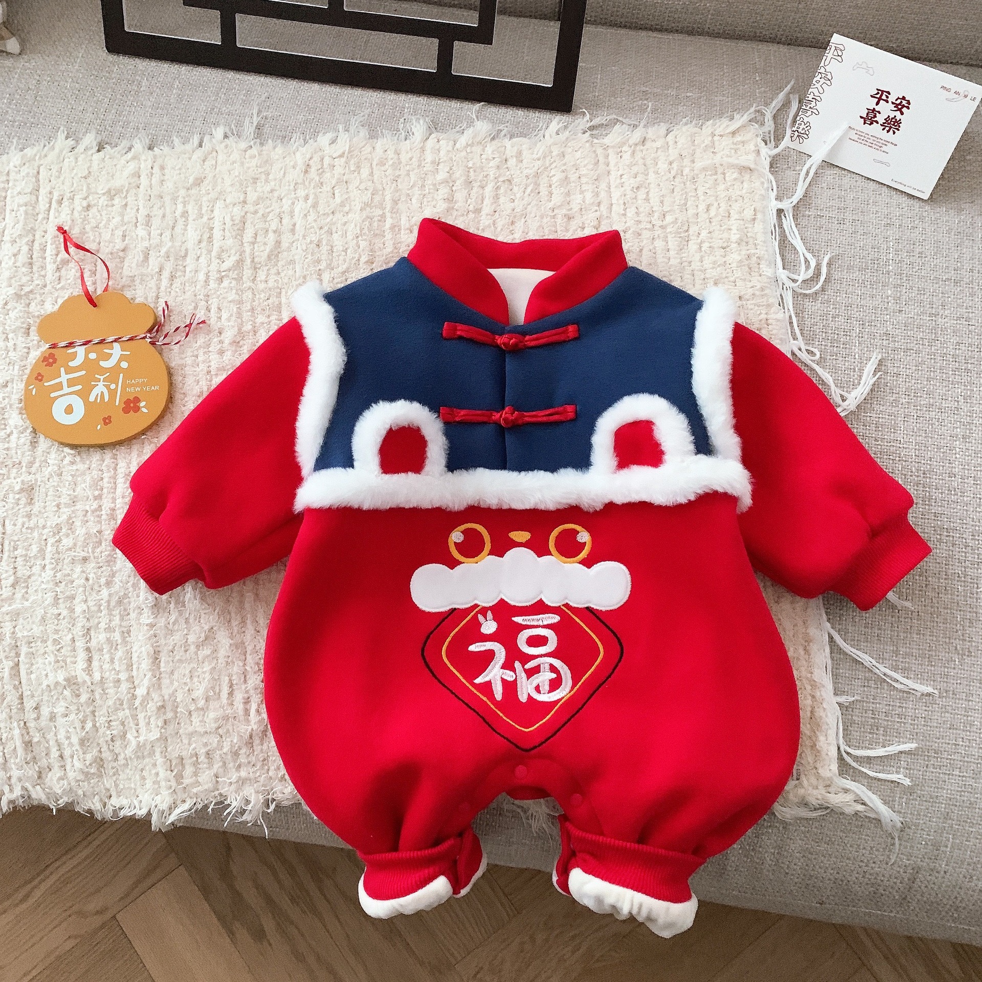 Picture of Baby New Year greeting clothes winter festive fleece-lined thickened jumpsuit men's and women's baby rabbit year warm romper outing clothes