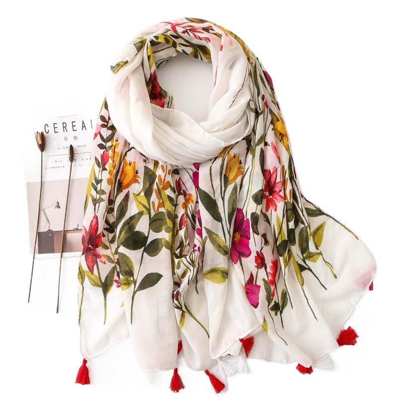 Foreign trade export original single retro flower cotton and linen tassel scarf large silk scarf shawl women's national style Japanese beach