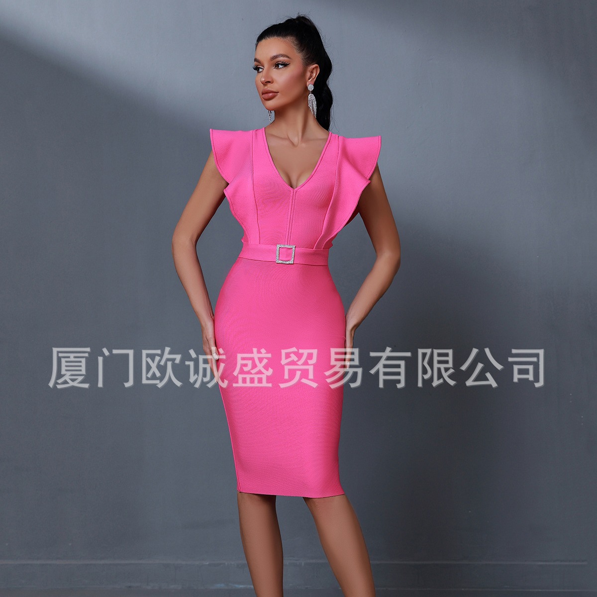European and American Cross-border Summer New V-neck Fashion Elegant Belt Decorative Ruffled Sleeveless Knee Bandage dress