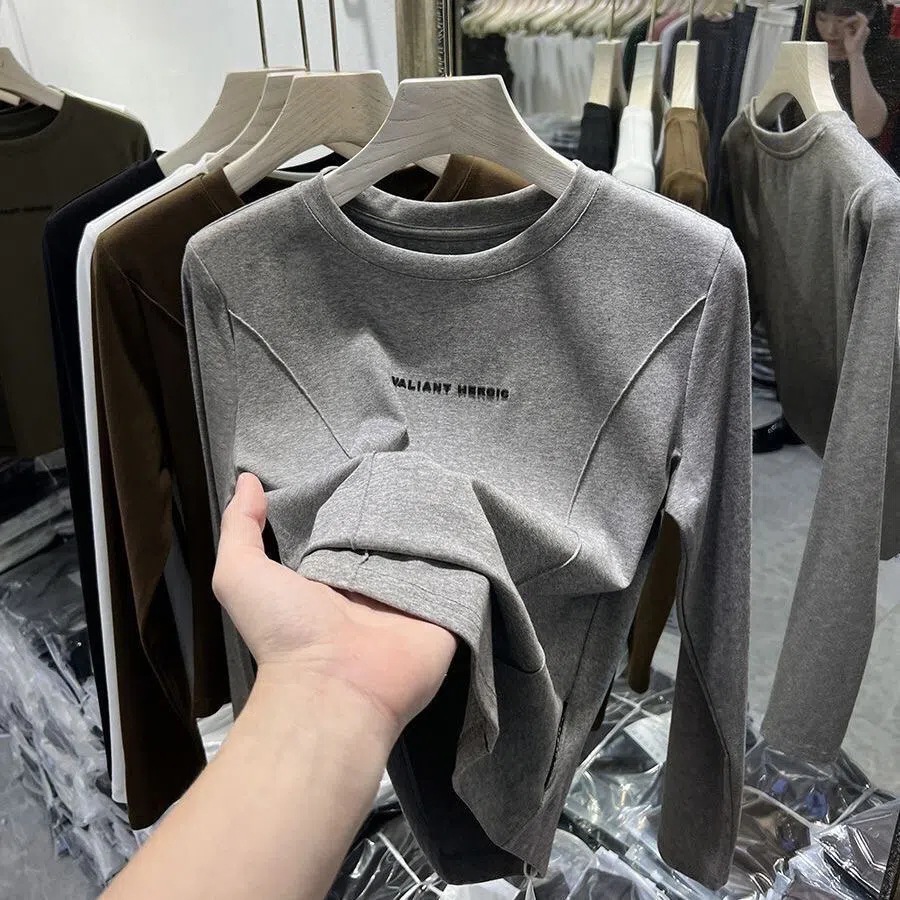 2024 New Korean Style Thickened Double-Sided Velvet Long-Sleeved T-Shirt with Foreign-Style Niche Base-Layer Shirt Warm Top Trendy