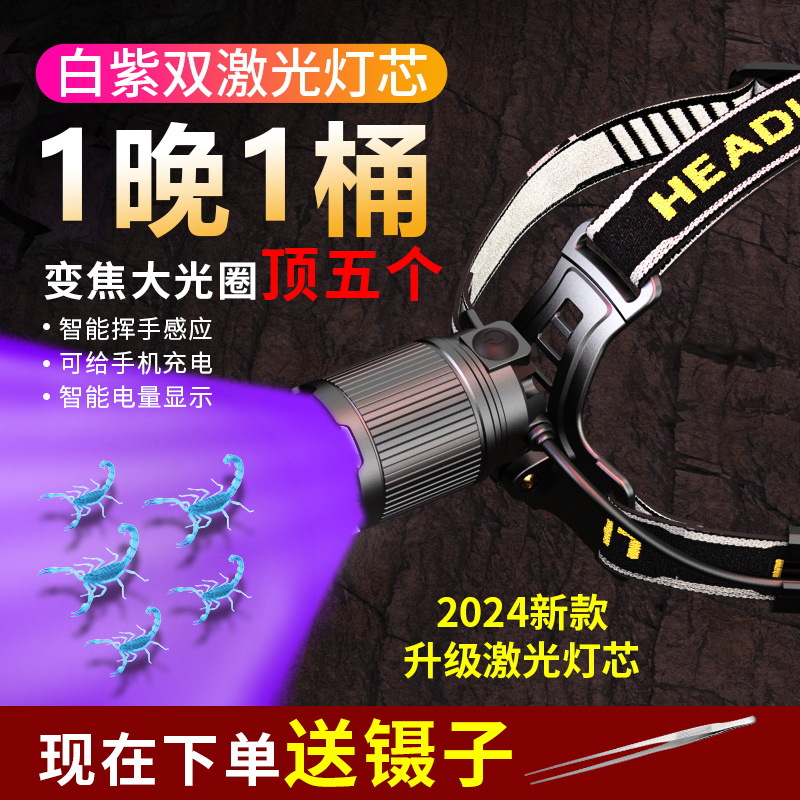 Cross-border Scorpion Headlamp Multifunctional Strong Light Zoom Outdoor Mountain Climbing Night Fishing Purple Light Lamp Long Endurance Charging