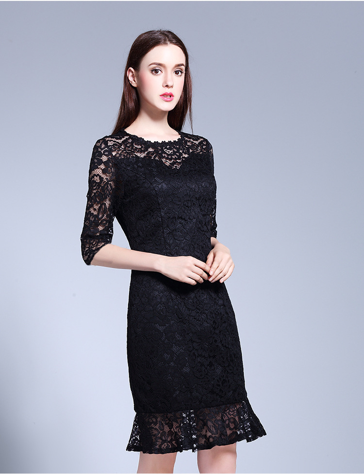 Picture of Big Sale Black Mini Dress Summer New Style Fat mm European Station Ruffled Cut Out Lace Dress Export