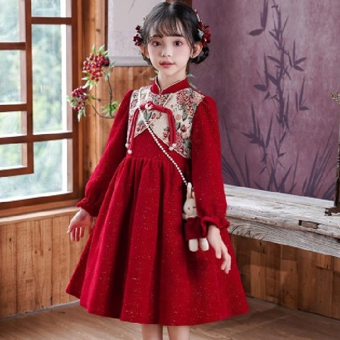 Girls' Cheongsam 2024 New Long Sleeve fleece-lined dress Children's New Chinese Style National Style Girl's Red New Year Dress