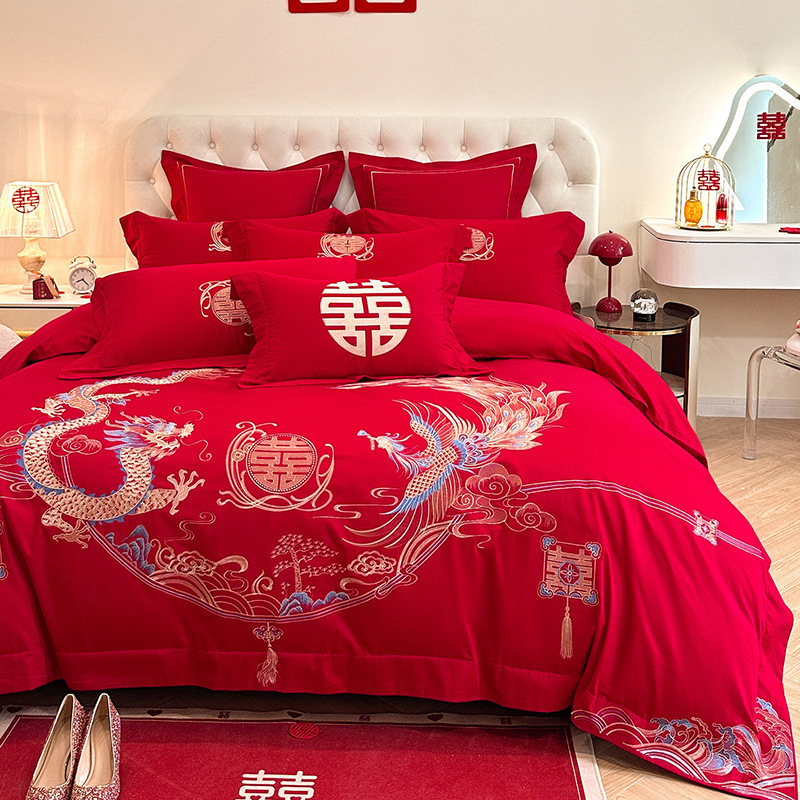 Picture of High-end European-style Wedding Four-piece Cotton Big Red Embroidered Sanding Quilt Cover Wedding Bedding Accompanying Wedding Room