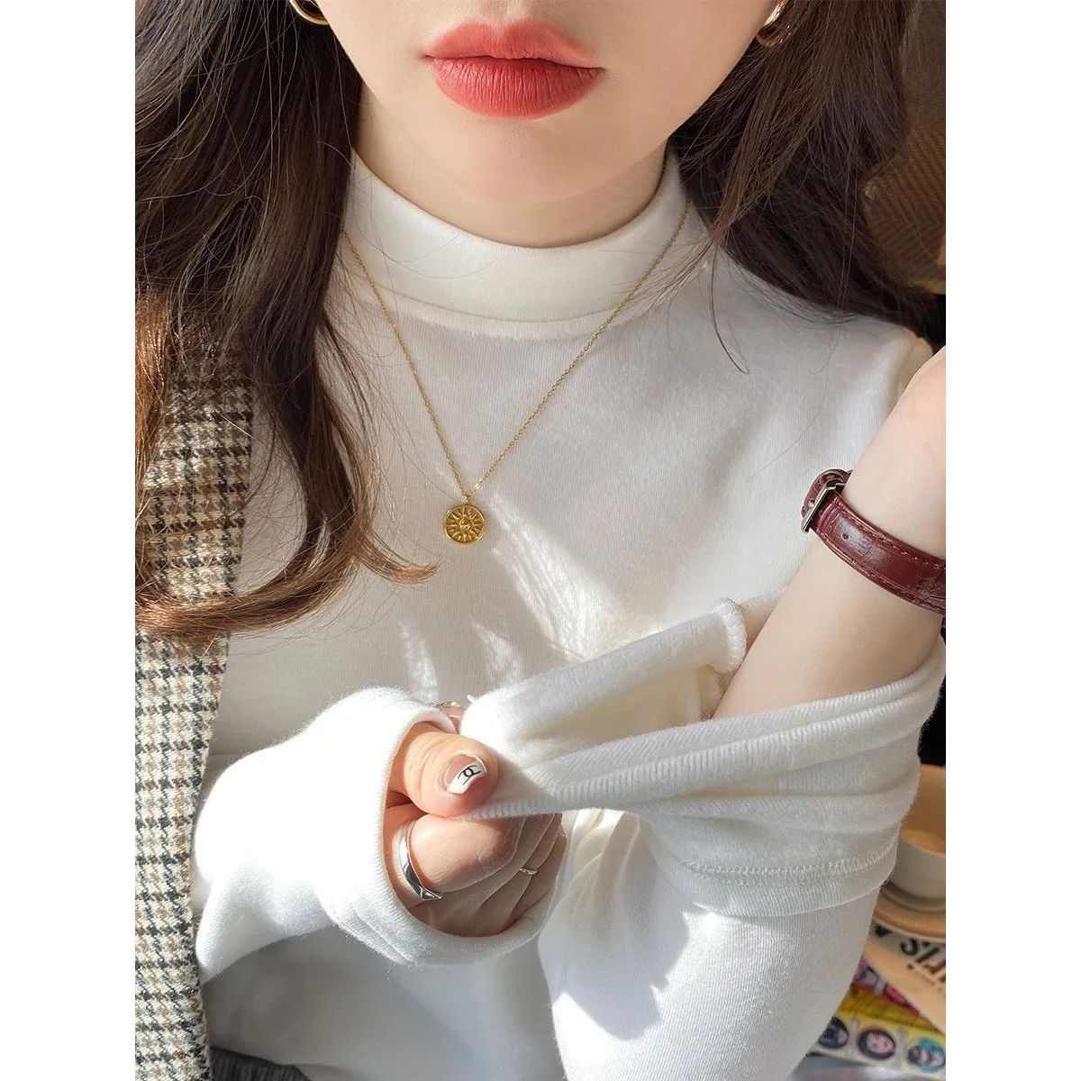 Half-high Collar fleece-lined Base Shirt Women's Autumn and Winter New Lightweight High-end Reinforced Small Collar Long-sleeved Trendy Top
