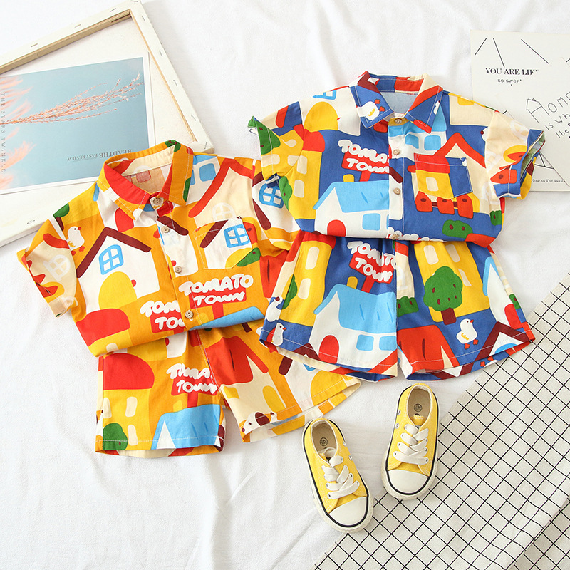 Boys' summer short sleeve full printed shirt suit 2024 new children's beach clothes casual handsome two-piece summer clothes