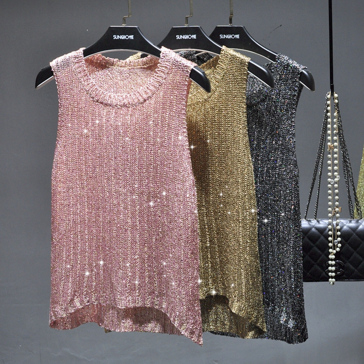 Han En's Beaded Silk Round Neck Sleeveless Simple All-match Base Shirt Thin Knitted Slim-fit Slimming Vest T-shirt for Women