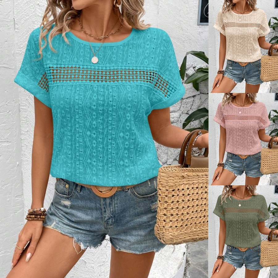 2025 European and American Cross-border Women's Clothing Amazon Independent Station Spring and Summer New Lace Hollow Crewneck Bat Sleeve T-shirt for Women