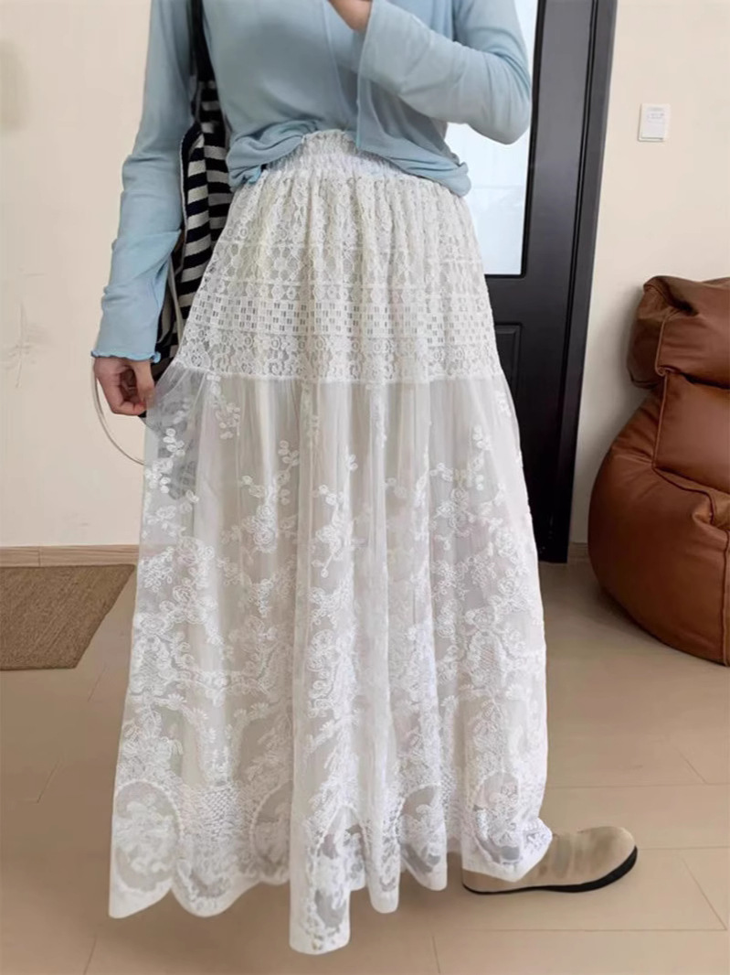Design Sense Full of Mesh Mesh Skirt Women's Spring and Summer New High Waist Mid-length All-match Slimming Fairy Skirt