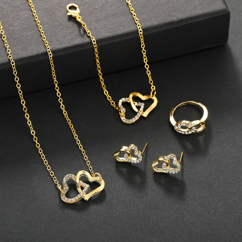Picture of New Fashion European and American Simple Double Love Necklace Jewelry suit Light Luxury Bride Double Heart Jewelry Four-piece Set