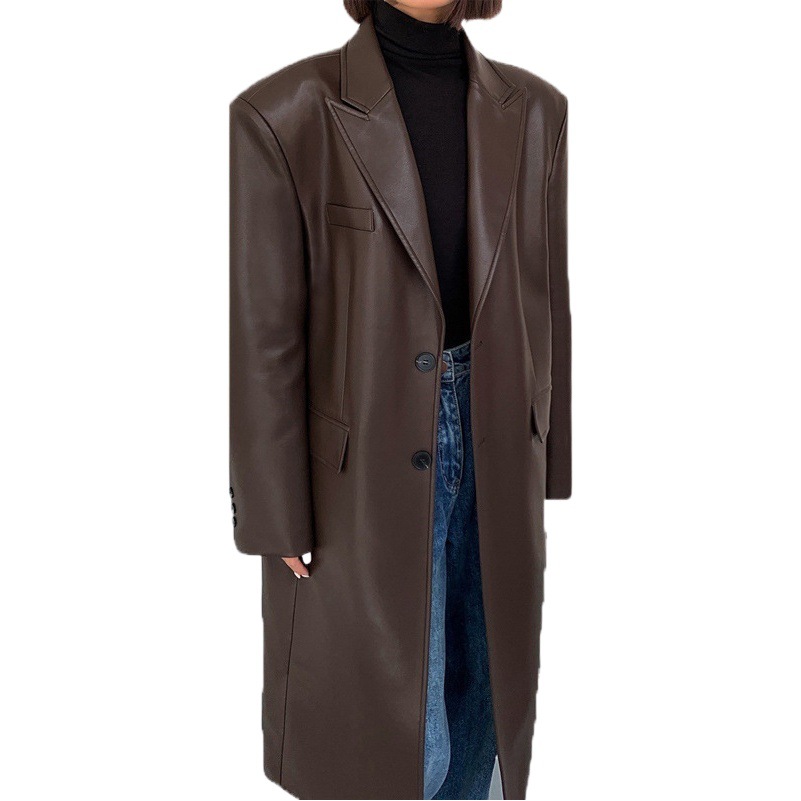 Picture of Long over-the-knee pu leather coat for women 2024 spring and autumn fashion all-matching loose slimming casual windbreaker fashion