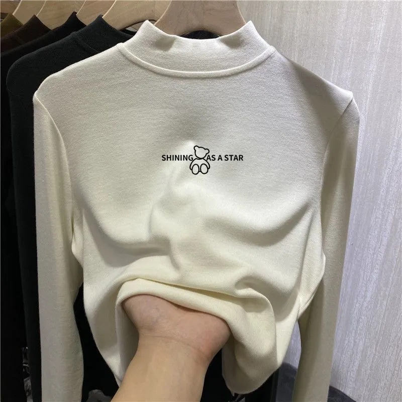 Double-sided velvet semi-high collar base shirt women's autumn and winter new thick warm long sleeve sanding T-shirt inner top