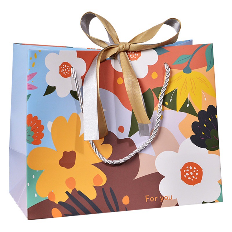 ins Mori flower and bird gift bag small fresh handbag in stock paper bag with ribbon hand gift bag candy bag