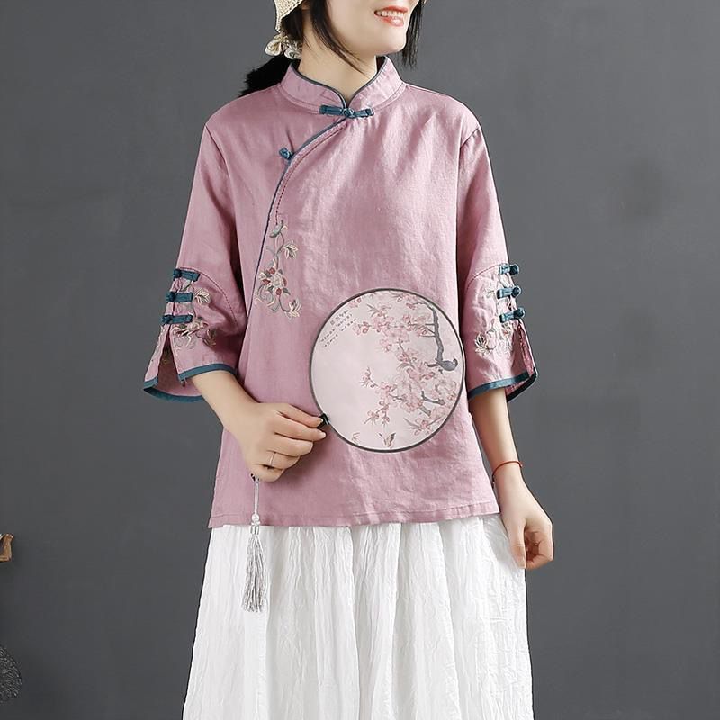 Picture of 2025 New Chinese Style Retro Cotton and Linen Shirt for Women Spring and Summer Chinese Style Stand-Up Collar Button-Up Top with Slanted Placket Embroidered Tea Suit