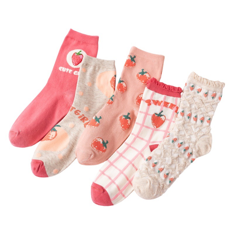 Pink Strawberry Socks Women's Mid-barrel Ins Trendy Pure Cotton Spring Summer Autumn Thin Cute Japanese Style Sweet Student Stockings