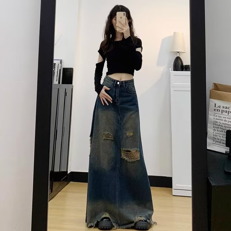 Tall Denim Skirt Women's Summer High Waist Washed Old Vintage A- line Long Skirt